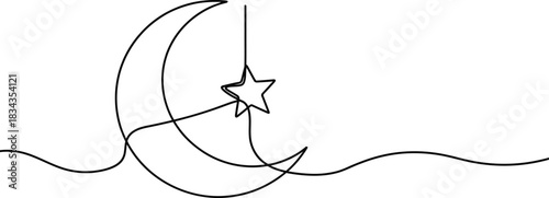 Celestial crescent moon with a star hanging, creating a dreamy and ethereal scene in a minimalist one-line art style