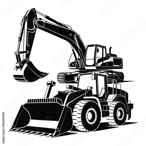 Detailed illustration of a powerful excavator and a heavy duty front loader working together on a construction site