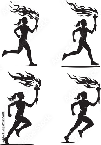 Four female runners holding flaming torches silhouette