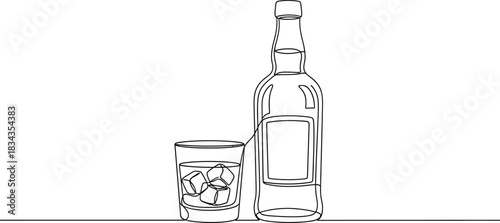 Minimalist Whiskey Still Life A Single Line Drawing of Bottle and Ice-Filled Glass