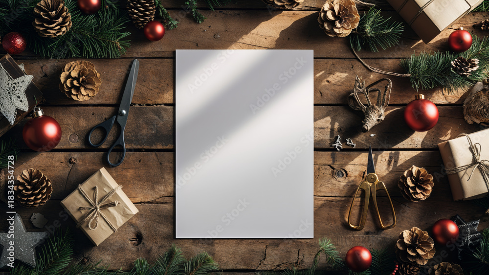 Obraz premium Christmas Crafting Flat Lay with Blank Paper Mockup on Wooden Table
