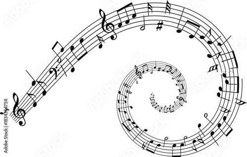 Monochrome illustration featuring a dynamic spiral of musical notation, including notes and clefs, creating an abstract melody vortex
