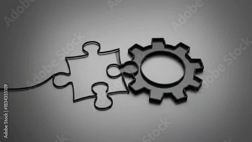 Puzzle pieces merging with a gear, symbolizing teamwork and synergy