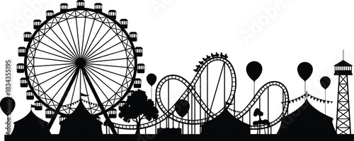 Amusement park silhouette—vector of Ferris wheel, roller coaster, circus tents, balloons, and observation tower