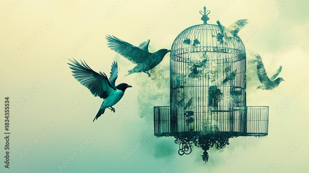 Fototapeta premium Birds flying free from ornate cage in sky.