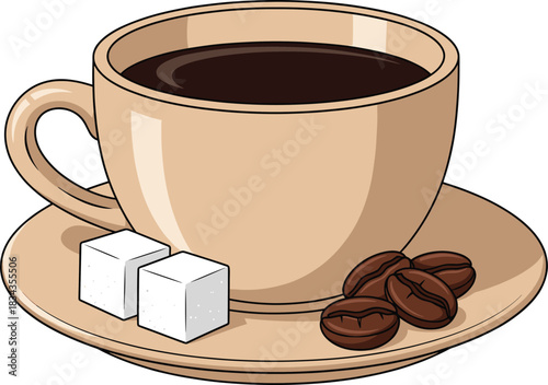 Cartoon Vector Illustration of a Hot Cup of Coffee Served on a Saucer with Two White Sugar Cubes and Fresh Roasted Coffee Beans for Breakfast and Cafe Menus.