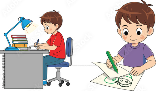 Cute Cartoon Illustration of a Young Boy Diligently Studying at a Desk with Books and a Lamp, and a Separate Scene of Him Drawing Creatively with a Large Crayon.