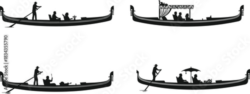 Gondola silhouette pack—vector of romantic boat rides with gondoliers, passengers, flowers, canopy, and umbrella