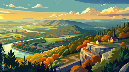 Very beautiful expansive Chattanooga views from Lookout Mountain, revealing lush forests, rolling hills, and a distant horizon under warm daylight, forming a tranquil and inspiring elevated landscape.