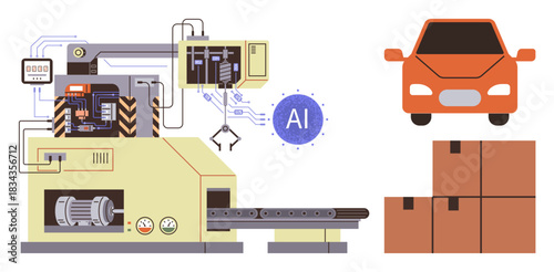 Advanced machinery, robot arm assembling car, AI concept, conveyor moving boxes. Ideal for technology, manufacturing, automation, logistics robotics AI applications industrial innovation. Simple