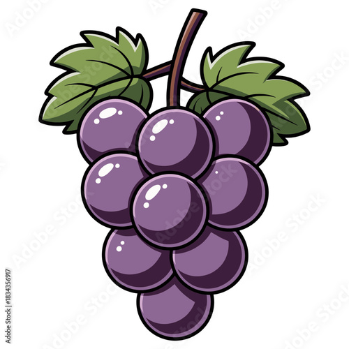 Cartoon Grapes with Leaves Fresh Fruit Illustration.
