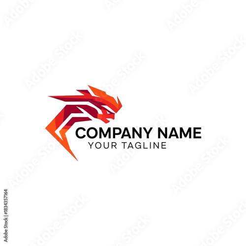 Geometric dragon head logo design in red and orange.