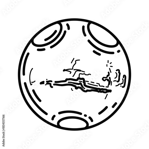 Black and white line art icon of a stylized planet or moon with craters and abstract surface features