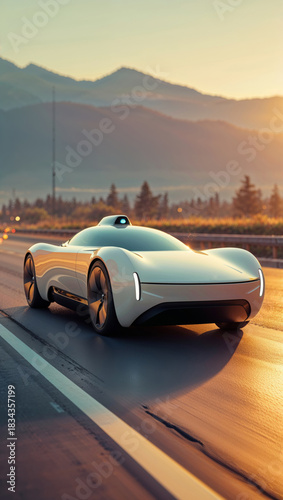 Futuristic electric car driving on a highway at sunset with mountains in the background