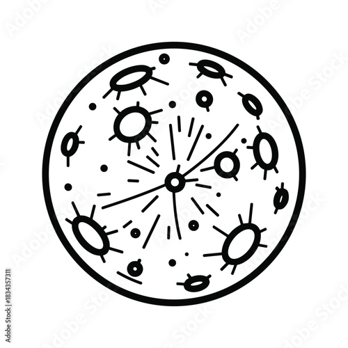 Stylized Moon or Planet with Craters and Radial Rays Line Art