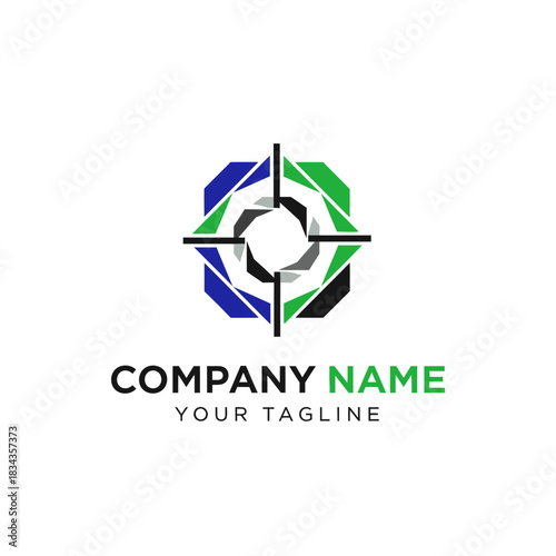 Abstract geometric logo with blue, green, and black segments forming a target or aperture shape, accompanied by company name and tagline.