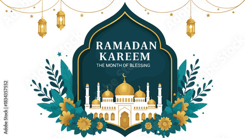 Ramadan Kareem blessing frame—vector with mosque, lanterns, stars, Arabic arch, teal-gold foliage, and festive typography
