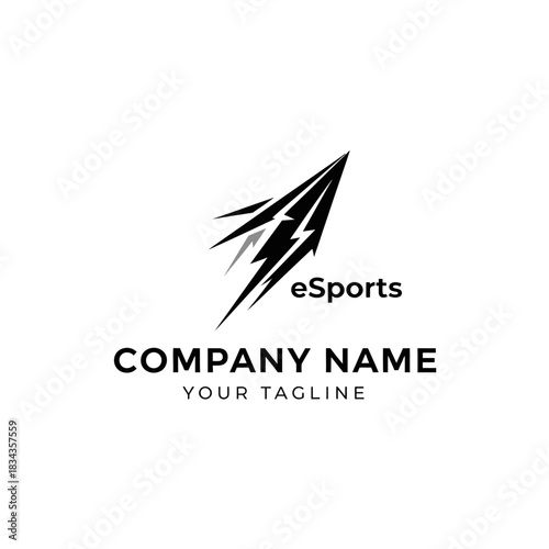 A black and white eSports company logo featuring a dynamic arrow with lightning bolts, text "eSports", "COMPANY NAME", and "YOUR TAGLINE".