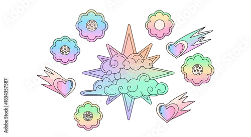 Colorful whimsical cloud, sun, and rainbow illustration set with soft pastel shading for decorative weather icons and playful graphic design elements