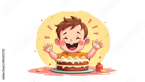 Cheerful toddler joyfully sitting with a smash cake on a colorful background