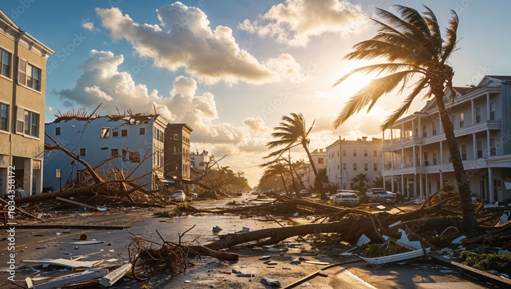 Fototapeta premium Devastation after a hurricane with fallen trees and damaged buildings