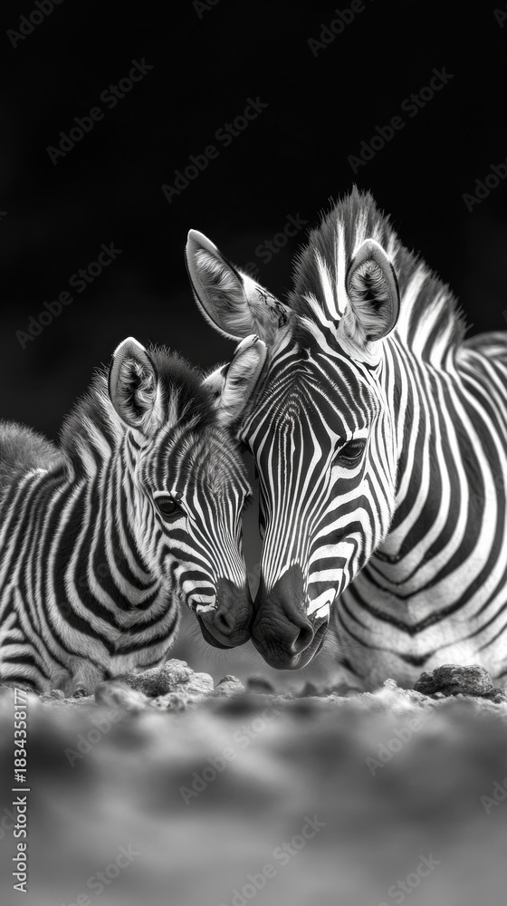 Obraz premium Two zebras gently touch heads in a black-and-white photograph, conveying the warmth of family ties, which will serve as an atmospheric backdrop for projects about wildlife and species conservation.