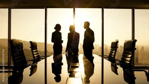 Wallpaper Mural Silhouette of three business people in suit standing by large window in modern office boardroom with city view at sunset Torontodigital.ca