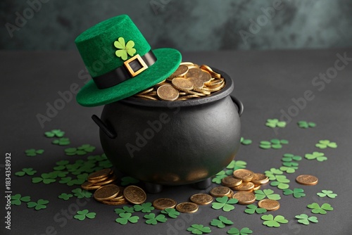 Pot of Gold with Leprechaun Hat and Clovers,A black pot filled with gold coins, topped with a green leprechaun hat and surrounded by shamrocks, symbolizing St. Patrick’s Day- generated by ai