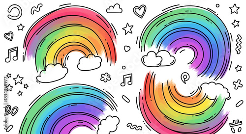 Cute rainbow arcs with clouds and small decorative doodles arranged in a whimsical seamless pattern