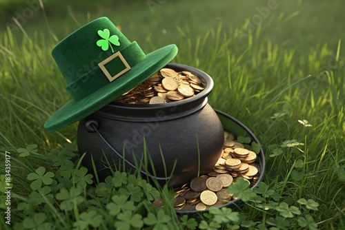 Pot of Gold with Leprechaun Hat and Clovers,A black pot filled with gold coins, topped with a green leprechaun hat and surrounded by shamrocks, symbolizing St. Patrick’s Day- generated by ai