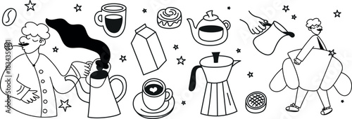 A minimal coffee addict icon pack featuring espresso cups, mugs, beans, brewing tools, filters, sugar packets, and cute café-inspired doodles. Perfect for branding and packaging.