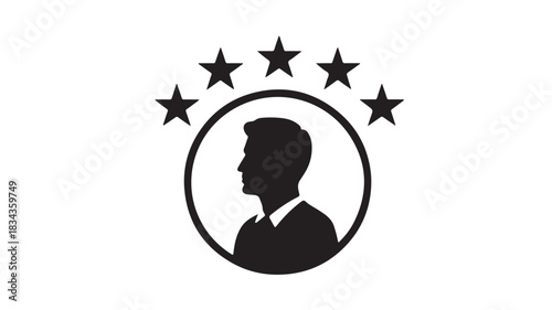 Profile silhouette with five stars vector icon for rating or review isolated on white background