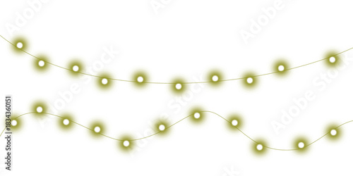 Two glowing strings of festive yellow-green fairy lights hanging in gentle curves on a white background.