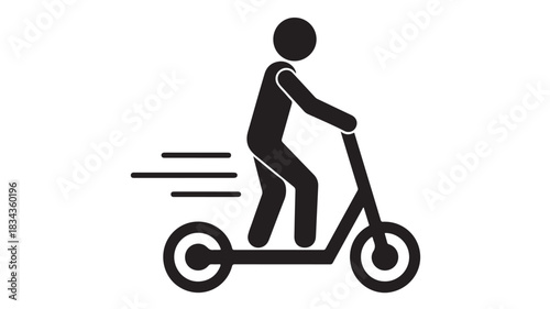 Stick figure riding a scooter simple black vector icon isolated on white background