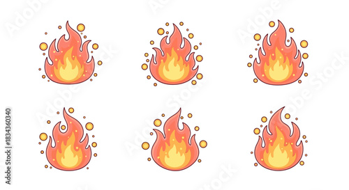 Vibrant flaming fire icon pattern with glowing orange flames arranged in a seamless decorative layout on a clean white background