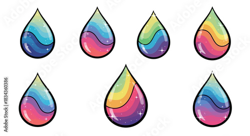 Glossy colorful water droplet icons with soft gradient reflections and smooth rounded shapes