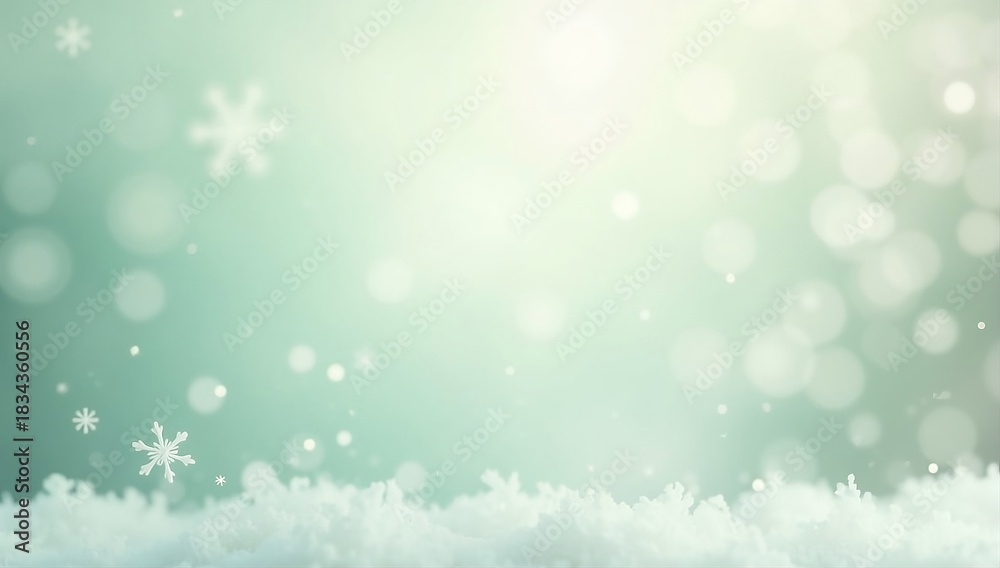 Naklejka premium A serene winter background featuring delicate white snowflakes and a snowy foreground against a mint green soft glow.