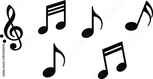 Black and white music notes and treble clef isolated on white background