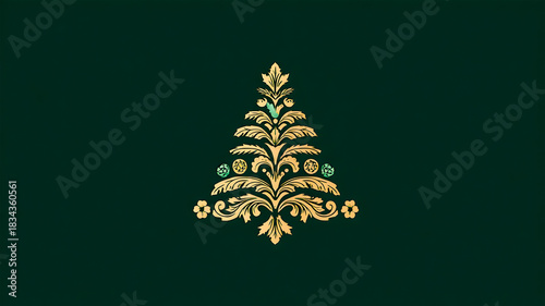 Minimalist Christmas tree illustration formed by golden ornamental flourishes and small green accents, centered on a dark green background with ample copy space