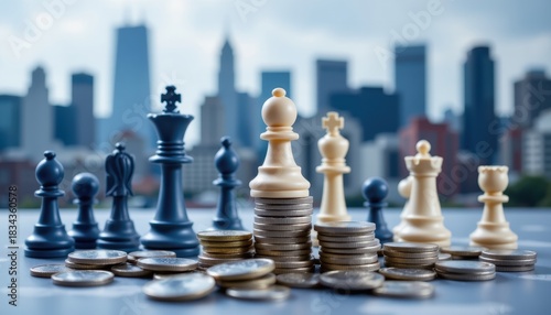 Wallpaper Mural Chess Pieces and Coins Symbolizing Strategy and Finance Against a City Skyline Background Torontodigital.ca