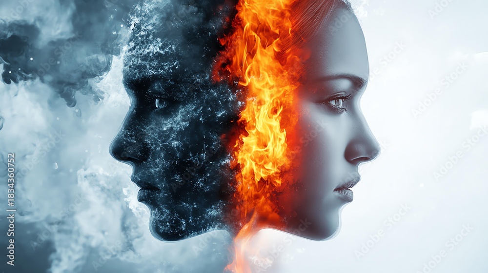 Fototapeta premium Abstract duality of fire and ice faces.