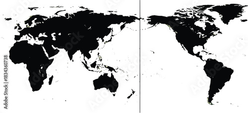 Black and white world map centered on the pacific ocean