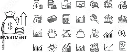 Hand drawn investment and finance icon set for business and economy
