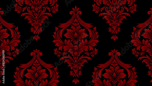 Seamless pattern of red damask ornaments on a black background for textile and wallpaper design