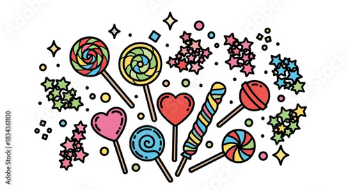 Vibrant candy and sweet-themed decorative icon set featuring lollipops, hearts, stars, and festive colorful elements