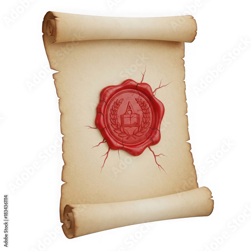 Ancient scroll with wax seal isolated on transparent background