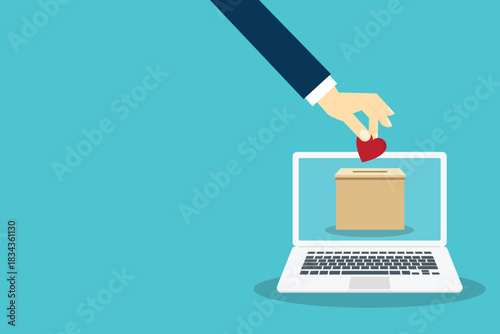 Hand putting red heart in box. Donation concept. 