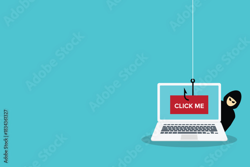 Click me bait used by Hacker, scammer trying to steal confidential data, personal information and credit card detail a laptop computer
