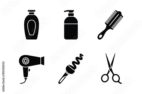 Collection of black silhouette icons for hair salon and beauty products