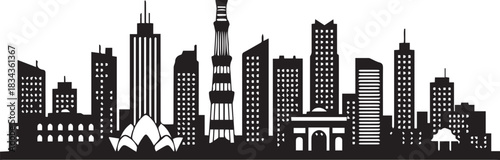 City skyline silhouette in clean straight black shapes (Delhi).eps
